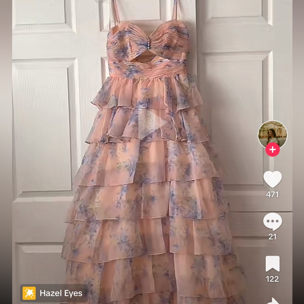 NWT Mac Duggal Floral Cutout Tiered Ruffle Chiffon Ball Gown Pink Sz 8 - Picture 9 of 10